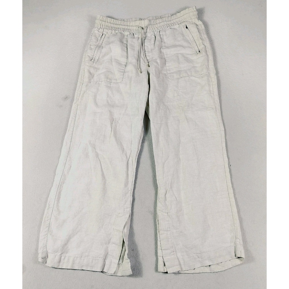 Athleta Womens 100% Linen Pants Sz L Cream Elastic Drawstring Waist 2 Zip Pocket